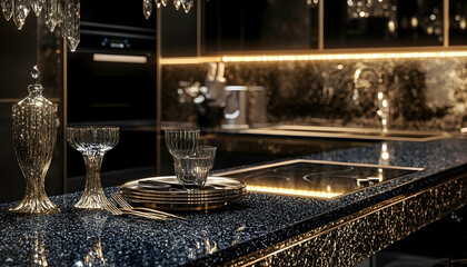 Elegant modern kitchen with luxurious details, high-end appliances, and a sophisticated design  -