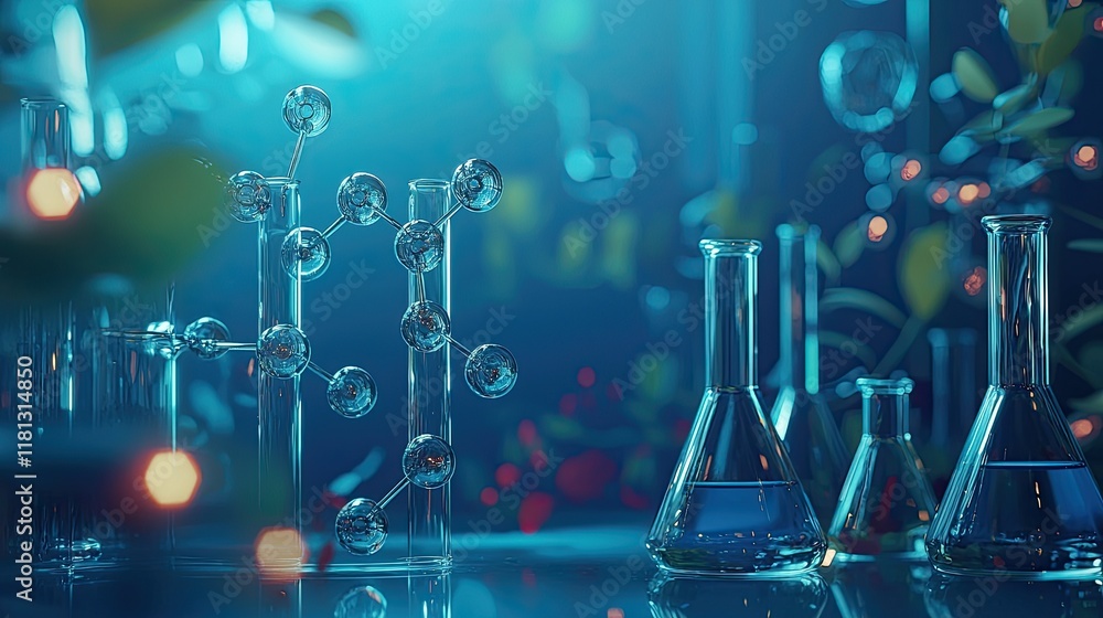 Poster a captivating laboratory scene featuring glass beakers and a molecular structure displayed on a blue