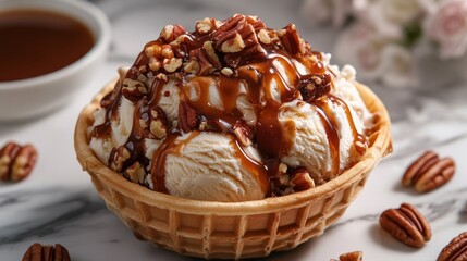 Rich caramel ice cream served in a waffle bowl, topped with caramel sauce and pecan nuts, placed on a marble surface