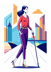 Minimalist Line Art Of Blind woman walking with cane on city sidewalk. Visually impaired female character navigating road independently, isolated vector illustration.