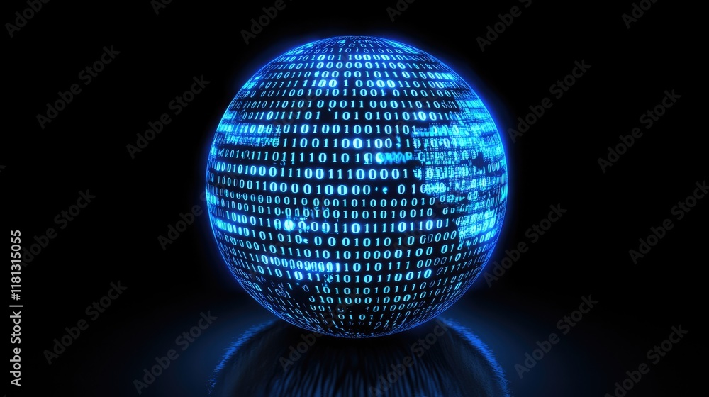 Poster A stunning digital representation of a globe with binary code patterns and blue lighting on a dark background, perfect for themes of technology, innovation, and data visu