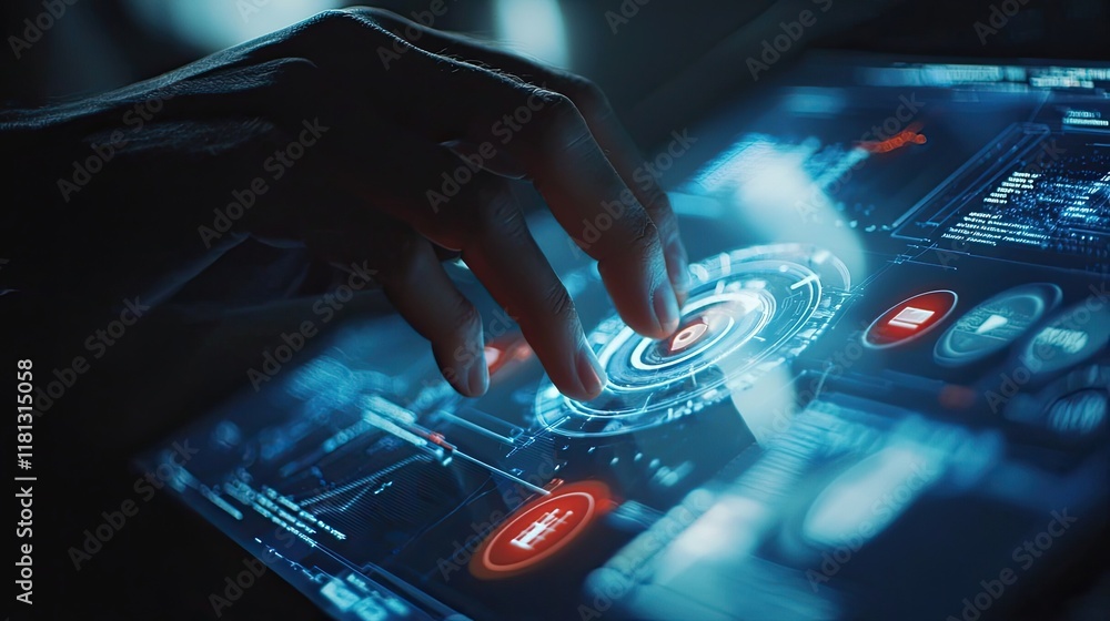 Poster A close-up view of a person s hand using a tablet, showcasing dynamic business growth concepts with digital icons and metrics for startups and innovation strategies.