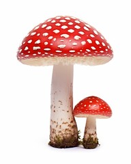 Obraz premium Vibrant Red Amanita Mushrooms with Distinctive White Spots on a Clean White Background Displaying Nature’s Intricate Beauty and Unique Characteristics