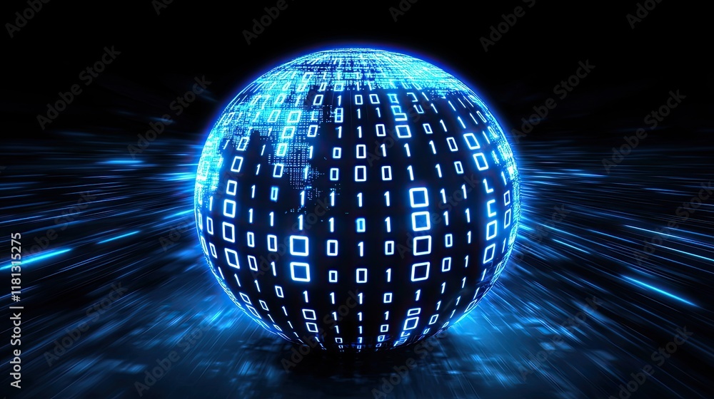 Poster A stunning digital representation of a globe with binary code patterns and blue lighting on a dark background, perfect for themes of technology, innovation, and data visu