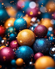 Festive Sparkling Christmas Ornaments Colorful Glitter Balls Holiday Decoration Background