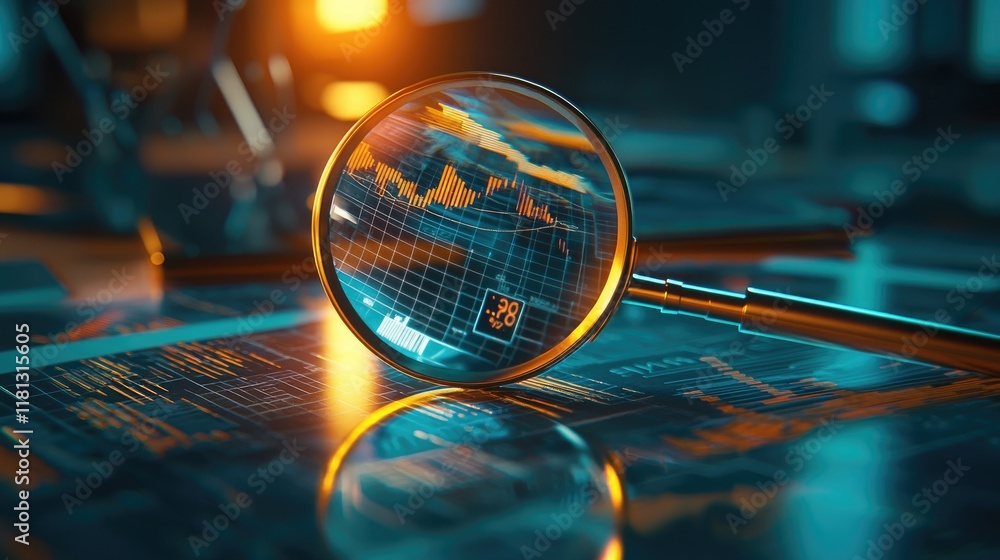 Aufkleber A close-up view of a magnifying glass placed on financial documents featuring colorful graphs. This image captures the essence of analysis and productivity in a modern of