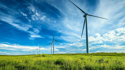 Obraz premium Wind turbines in a green field under a clear blue sky