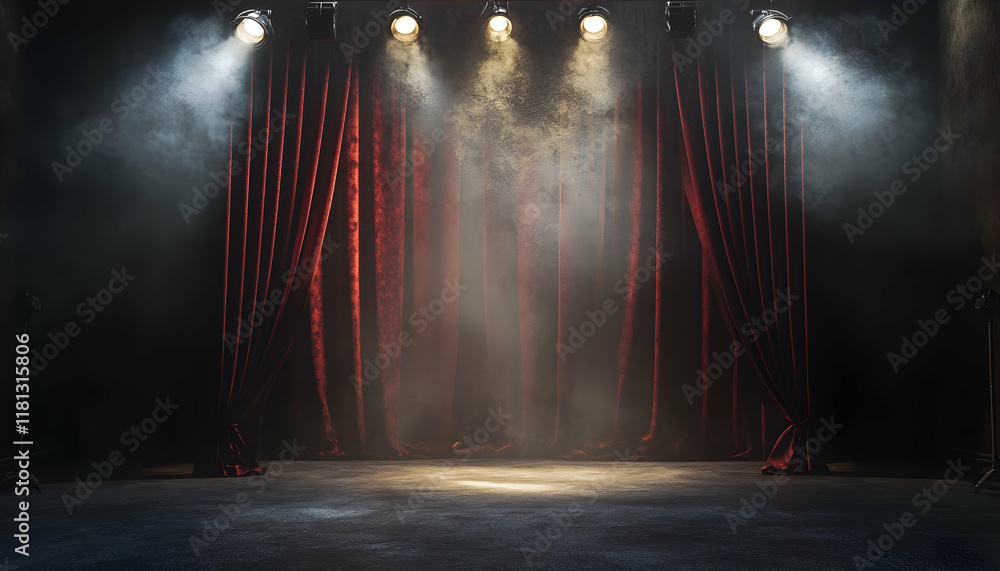 Aufkleber empty dimly lit stage with curtains and spotlights for theater or performance concepts -