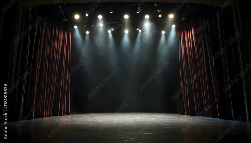 Aufkleber empty dimly lit stage with curtains and spotlights for theater or performance concepts -