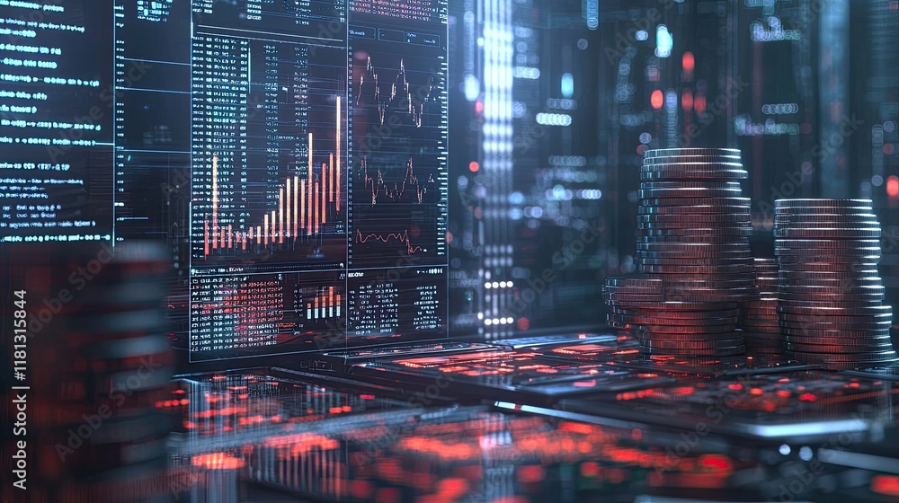 Aufkleber A professional setting showcasing financial analysis with stacked coins and detailed business graphs, illustrating investment growth and economic planning strategies.