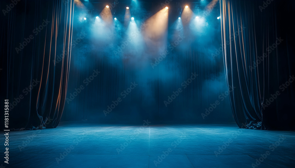 Poster empty dimly lit stage with curtains and spotlights for theater or performance concepts -