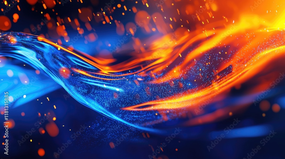 Poster Abstract digital background showcases vibrant data flow and visual elements in blue and orange, ideal for technology-related projects, presentations, and modern designs.