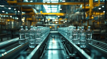 Rows of transparent water bottles moving along a conveyor, with high-tech filling machines in the background