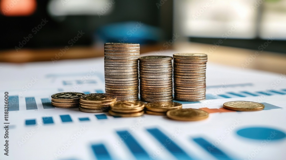 Poster a professional setting showcasing financial analysis with stacked coins and detailed business graphs