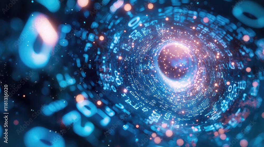 Poster A mesmerizing view of a data flow with glowing numbers against a vibrant blue background, ideal for themes of technology, innovation, and digital transformation.
