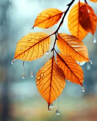 Obraz premium Autumn Leaves with Raindrops Golden Fall Foliage in the Rain Nature Photography