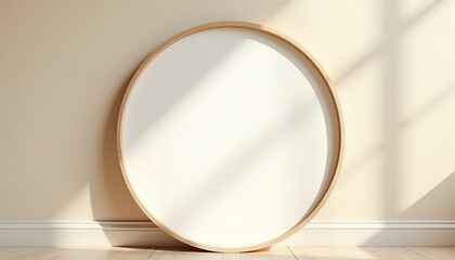 Elegant circular picture frame mockup illuminated by soft sunlight on a wall