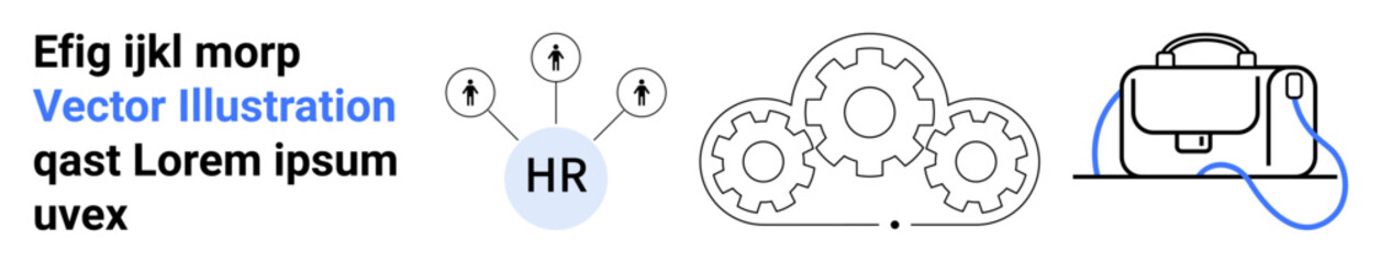 HR network diagram connecting personnel, gear mechanism illustration, and a headset with a mic. Ideal for technology, HR, management, communication, business, team coordination, and workflow. Landing
