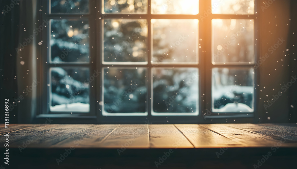 Poster empty table with winter window in background -