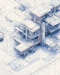 Abstract architectural blueprint showcasing complex structures and designs.