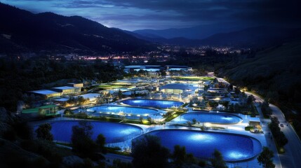 Tranquil Aerial View of Modern Aquatic Facility Surrounded by Nature at Night with Illuminated Swimming Pools and Nearby Mountain Landscape