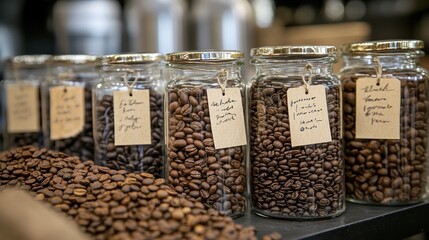 Small glass containers filled with different single-origin small-batch coffee beans, with tasting notes handwritten on tags