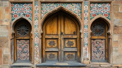 Obraz premium Ornate Wooden Doorway with Intricate Floral Mosaic Tilework: A Glimpse into Architectural History