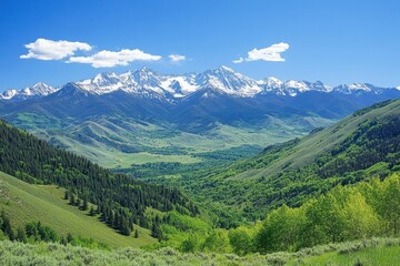 Naklejka premium Scenic mountain landscape with lush greenery and snow-capped peaks.