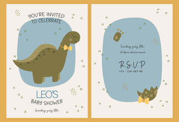 Baby invitation card printable design for birthday party with cute tiger dinosaur. Funny dino boy flat illustration. Vector baby invite design.