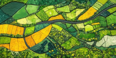 Aerial panorama of patchwork fields with vibrant green and yellow crops
