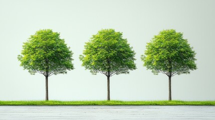 Obraz premium Three Lush Green Trees in a Row Against a Light Background