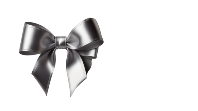 A sleek silver satin bow, featuring elegant loops and long tails, perfect for luxurious gift presentations or festive decorations, adding a modern touch of sophistication