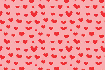 Seamless pattern with red hearts on pink background. Vector illustration.