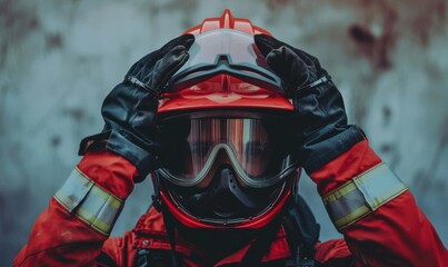 A firefighter adjusting their helmet and gloves, ready for action.