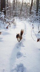 Winter Forest Squirrel in Snowy Path