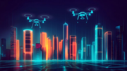 Futuristic cityscape with drones and neon lights.