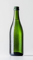 A green glass bottle of sparkling water stands tall, glistening with condensation. The simplicity of the backdrop highlights the refreshing essence of the drink