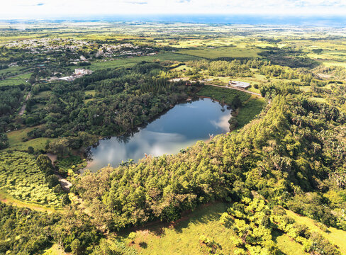 Aerial view of serene lake surrounded by lush forest and tropical greenery, Bois Cherie, Mauritius.