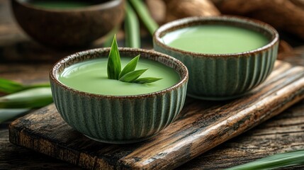 Thai pandan custard with a vibrant green color, served in a small ramekin with fresh pandan leaves on a rustic wooden board