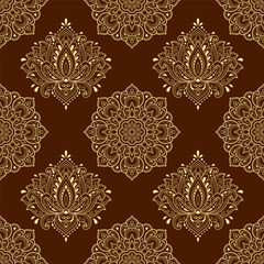 Seamless decorative ornament in ethnic oriental style. Lotus flower and mandala for Henna, Mehndi, tattoo, decoration. Doodle outline hand draw vector illustration.