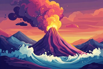 Image of a volcanic eruption with large waves