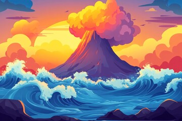 Image of a volcanic eruption with large waves