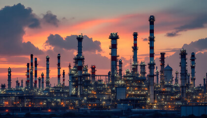 Obraz premium Industrial Oil Refinery at Sunset with Illuminated Structures