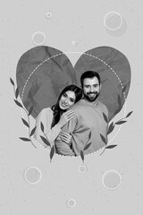 Photo collage artwork minimal picture of charming happy smiling couple embracing isolated drawing...