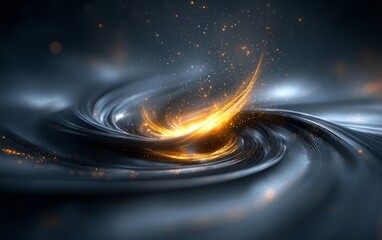 Abstract swirling galaxy with golden light trails and sparkling dust particles