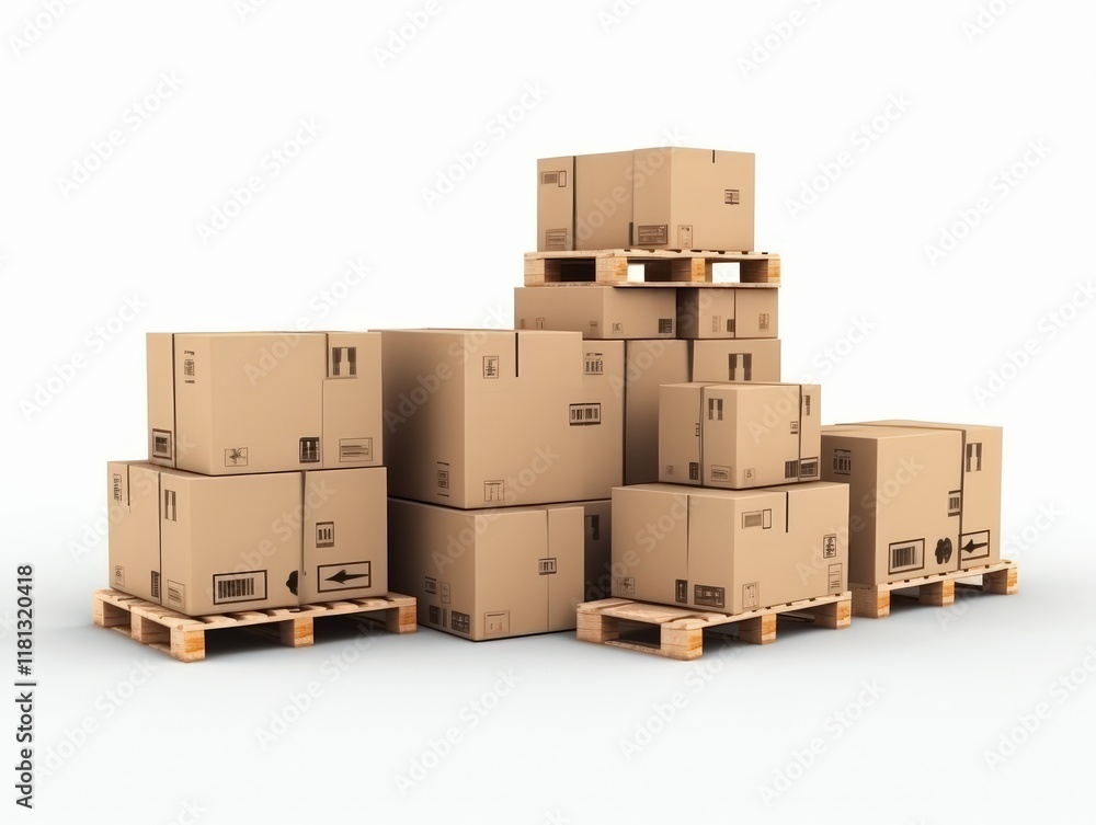 Poster stacked cardboard boxes on wooden pallet arranged neatly for shipping and storage in a clean and sim
