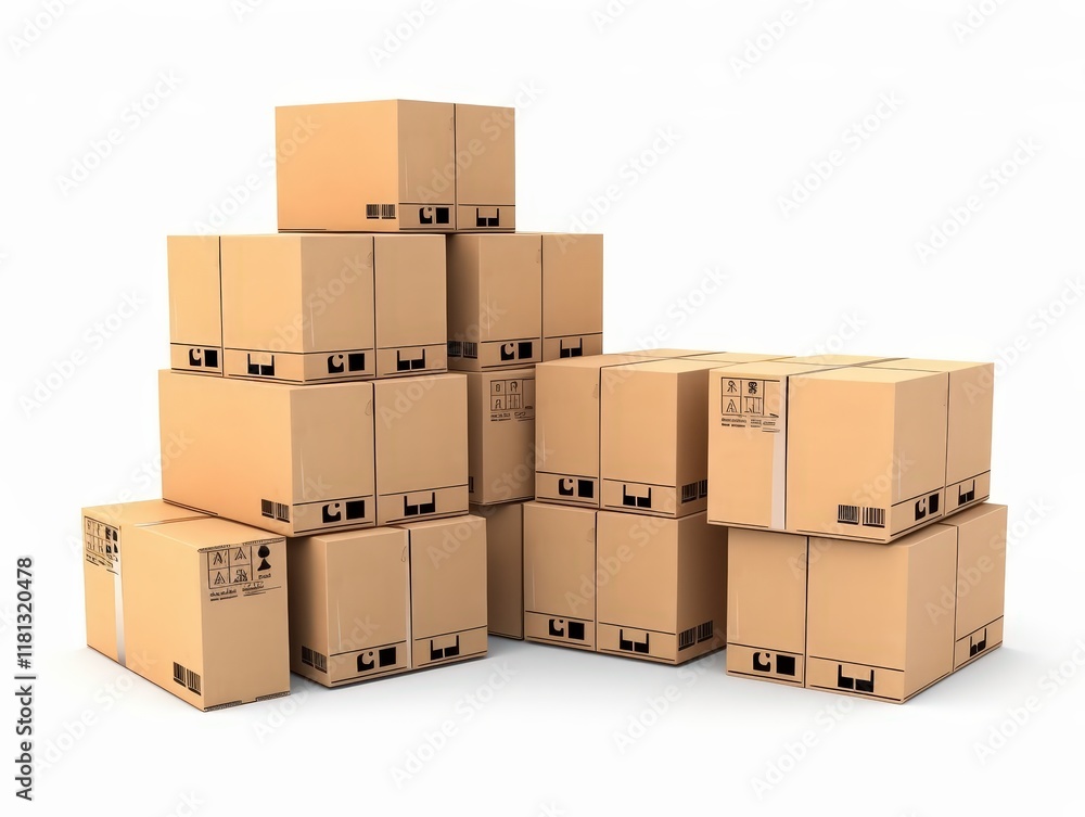 Poster stacked cardboard boxes on a pallet in a warehouse setting with a clean background and bright lighti