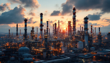 Fototapeta premium Industrial Oil Refinery at Sunset with Vibrant Lighting