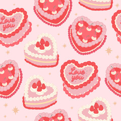 Love Season and Valentines Seamless pattern of heart cake sweet desserts  vector illustration