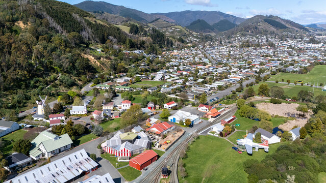 Aerial view of scenic Nelson town with beautiful mountains and greenery, Nelson, New Zealand.